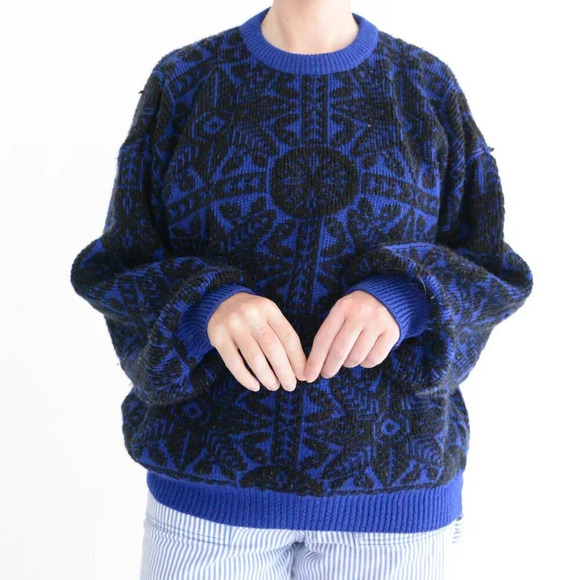 Vintage Steel Black & Blue Aztec Chunky Knit Crewneck Sweater Xl - Picture 2 of 12